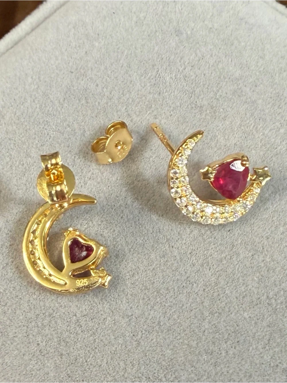 Mystical Waning Crescent Moon Natural .50CT Ruby Stud Earring 18K Yellow Gold
